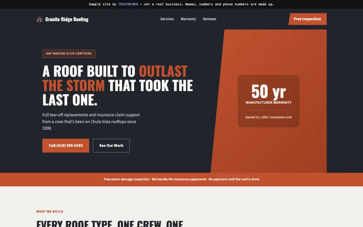 Sample roofing company homepage